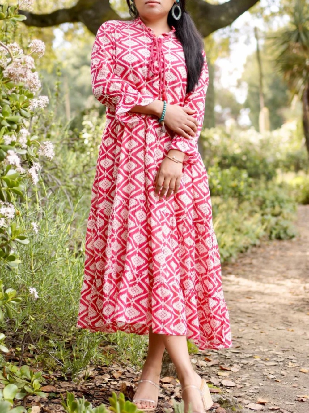 NWOT! Dolma Azima 100% Cotton Magenta Pink 3/4 Sleeve Boho Tiered Midi Dress -S